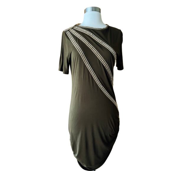 ROBERTO CAVALLI Dress Jersey Chain Embellished Ruched Short Sleeve Green 44 EUC - Picture 10 of 12